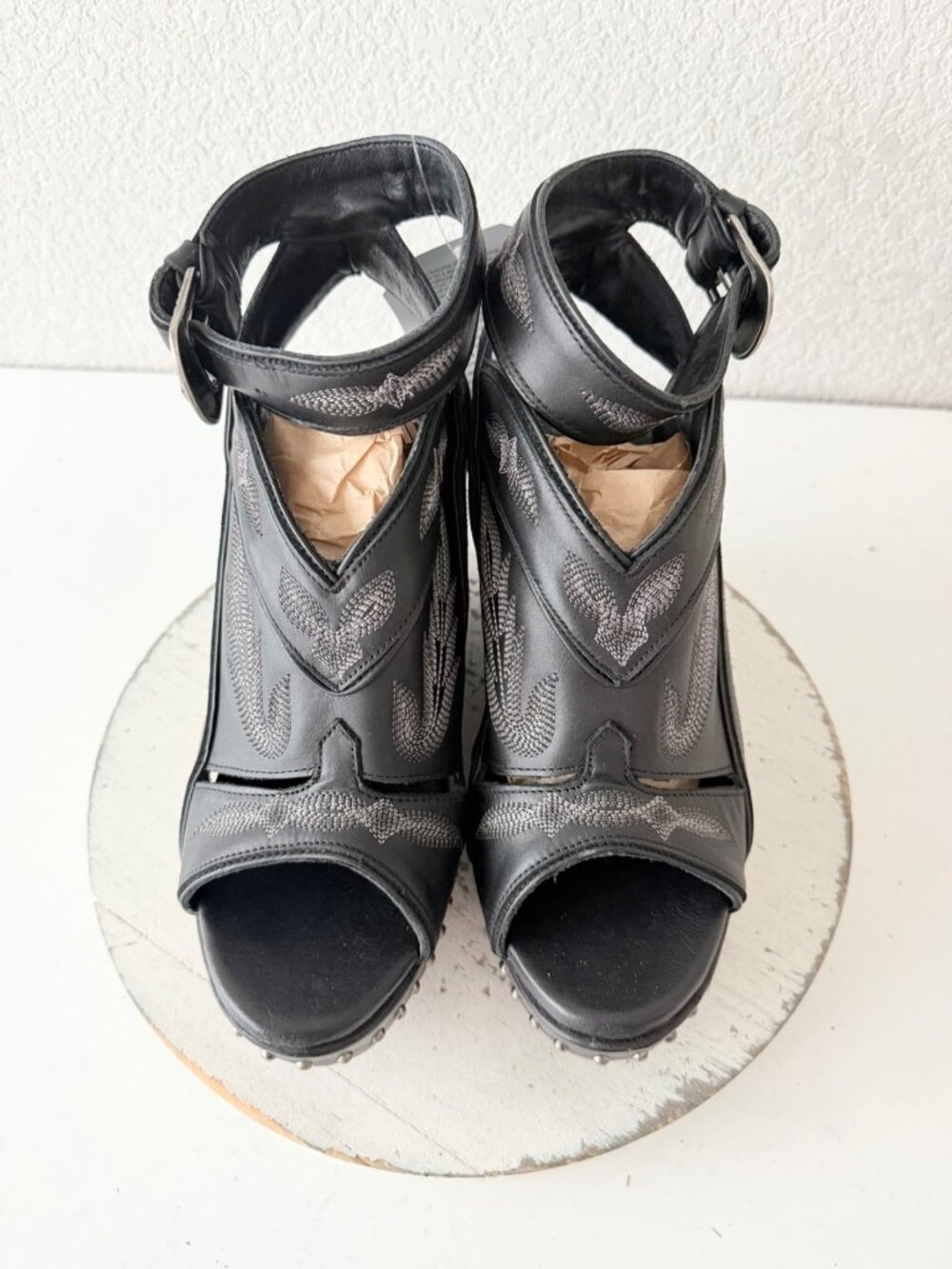 Lane Boots Lexington Jet Black Leather Western Wedge Sandals Wood Heel Womens 11 - Picture 7 of 12